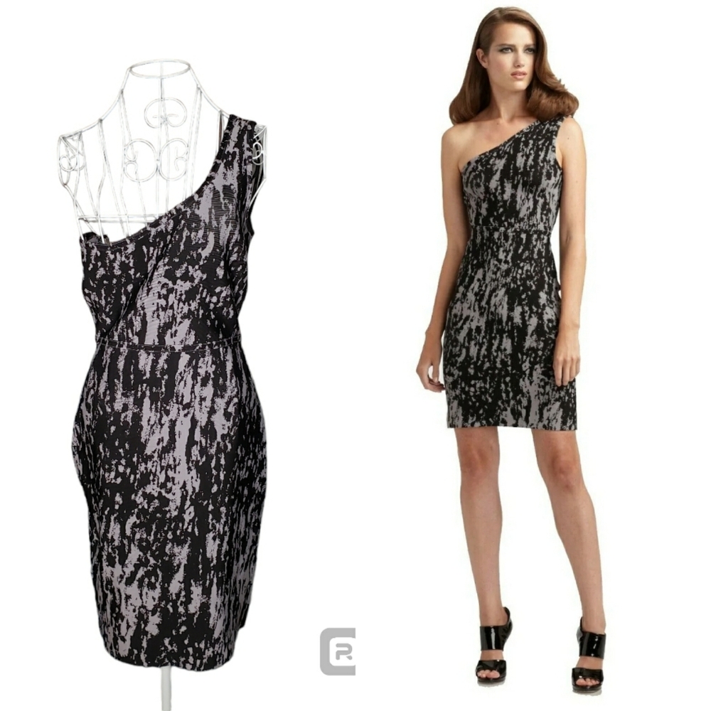 BCBGMaxAzria Black & Gray One Shoulder Bandage Dress Size Large